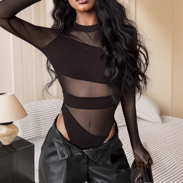 Hollow Mesh Jumpsuit Long-Sleeved