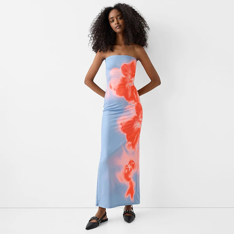 Strapless Print Tube Maxi Dress